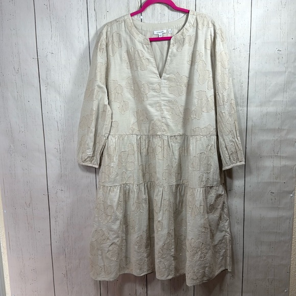 Chicos Jacquard Tiered V Neck Pockets Stretch Soft Lightweight Knee Length Dress - Picture 2 of 16